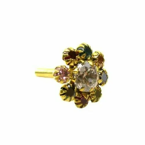Earrings Classic Multicolor CZ Body Piercing Nose stud Pin Solid Real 14k Yellow Gold Karizma Jewels