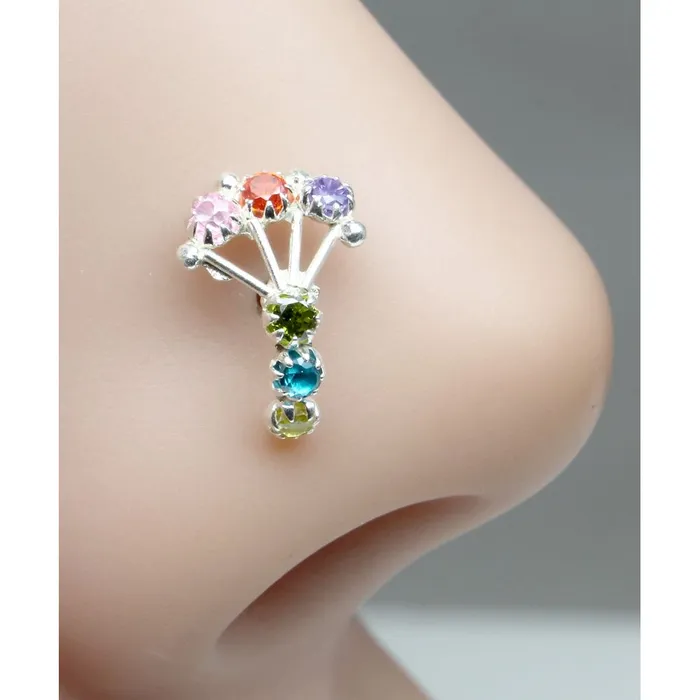 Ethnic Indian 925 Sterling Silver Multicolor CZ Studded Corkscrew nose ring 22g Karizma Jewels Rings Ethnic Indian 925 Sterling Silver Multicolor CZ Studded Corkscrew nose ring 22g Karizma Jewels Rings
