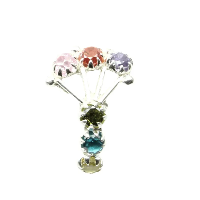Ethnic Indian 925 Sterling Silver Multicolor CZ Studded Corkscrew nose ring 22g Karizma Jewels Rings