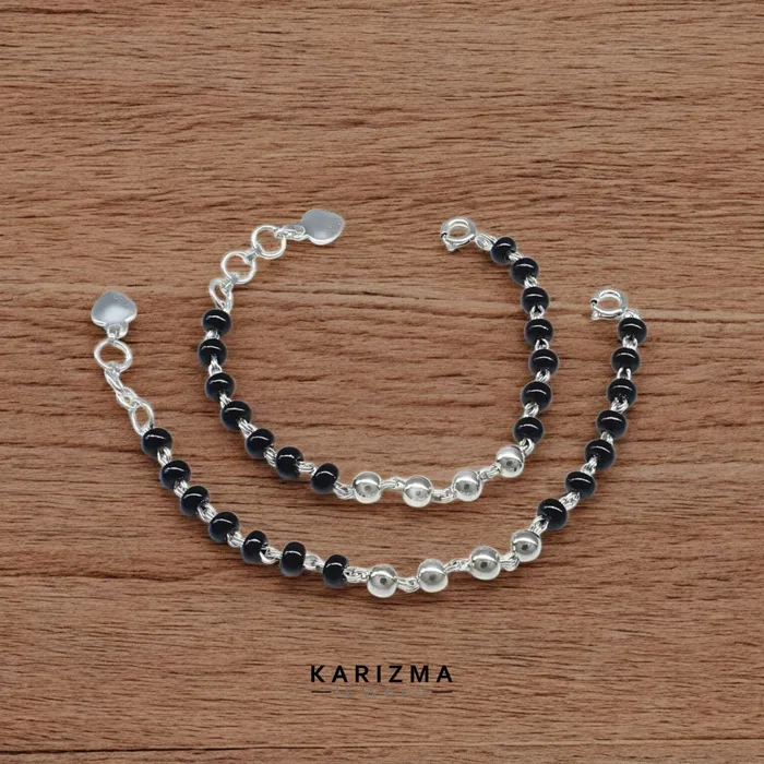 Karizma Jewels 925 Real Silver gifting Black Beads Nazariya new born kids Bracelet cum Anklet 5 Bracelets