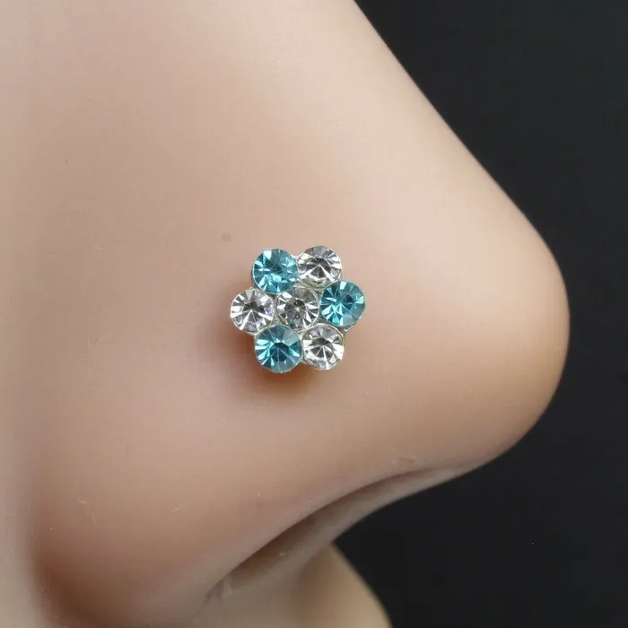 Karizma Jewels Earrings Indian style silver Plated Blue white crystal Piercing Nose stud push pin Karizma Jewels Earrings Indian style silver Plated Blue white crystal Piercing Nose stud push pin