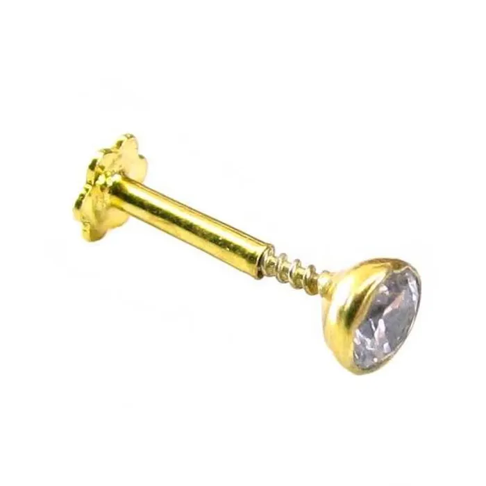 Karizma Jewels Earrings Lovely White CZ Piercing Nose Stud Pin Solid Real 14k Yellow Gold Screw Back