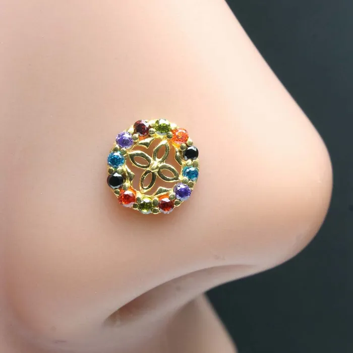 Karizma Jewels Earrings Wheel Style 14K Real Gold Multi CZ Twisted Nose Stud 24g