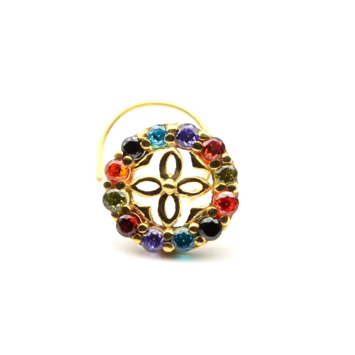 Karizma Jewels Earrings Wheel Style 14K Real Gold Multi CZ Twisted Nose Stud 24g