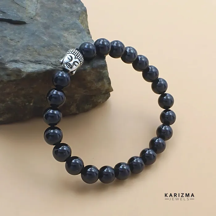 Karizma Jewels Natural Black Tourmaline Stones Reiki Healing Buddha face Bracelet for Men and Women Bracelets