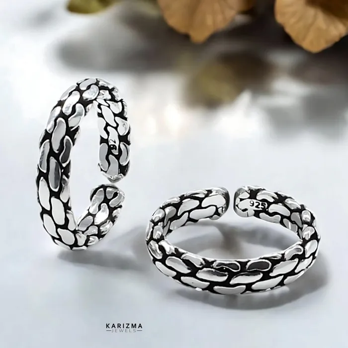 Karizma Jewels Rings 925 Sterling Silver Indian Block Pattern women Oxidized foot toe rings band Pair