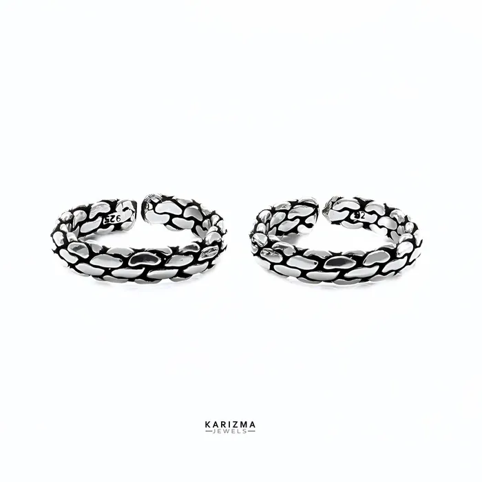 Karizma Jewels Rings 925 Sterling Silver Indian Block Pattern women Oxidized foot toe rings band Pair