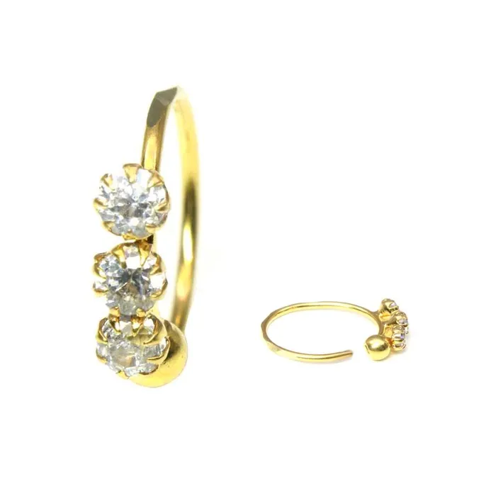 Karizma Jewels Rings Ethnic Indian 3 CZ Studded Nose Hoop Ring 14k Solid Real Yellow Gold 22g