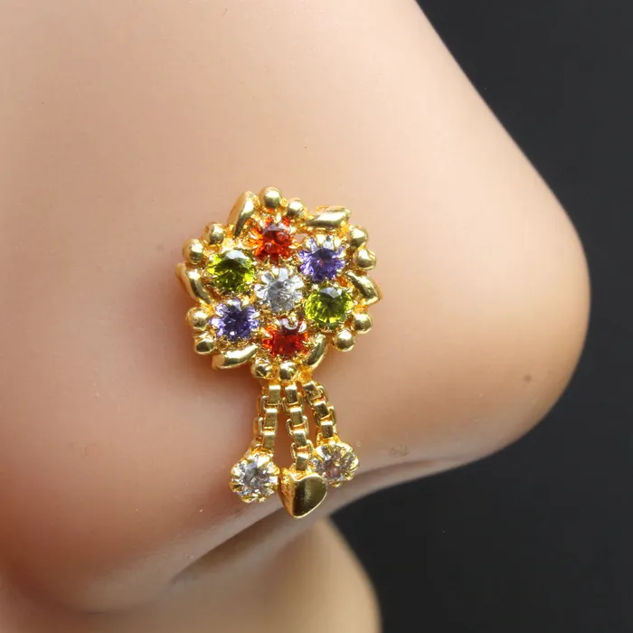 Karizma Jewels Rings Ethnic Indian Dangle Nose ring Multicolor CZ corkscrew piercing nose ring 22g
