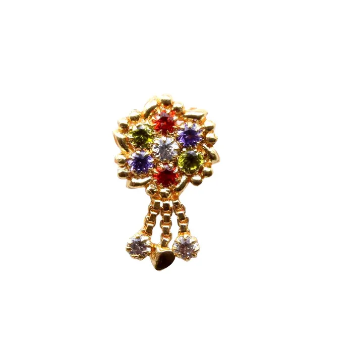 Karizma Jewels Rings Ethnic Indian Dangle Nose ring Multicolor CZ corkscrew piercing nose ring 22g