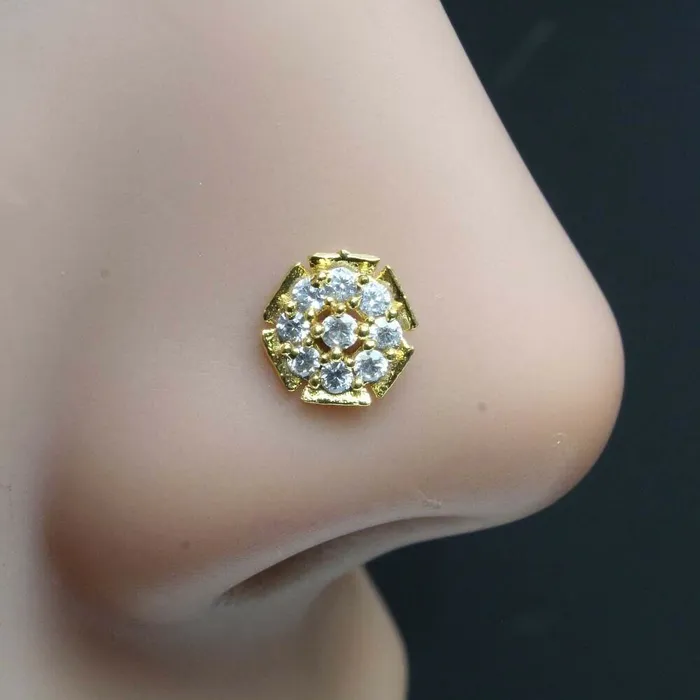 Karizma Jewels Rings Gold Plated Indian Flower Nose Stud CZ corkscrew piercing nose ring Karizma Jewels Rings Gold Plated Indian Flower Nose Stud CZ corkscrew piercing nose ring