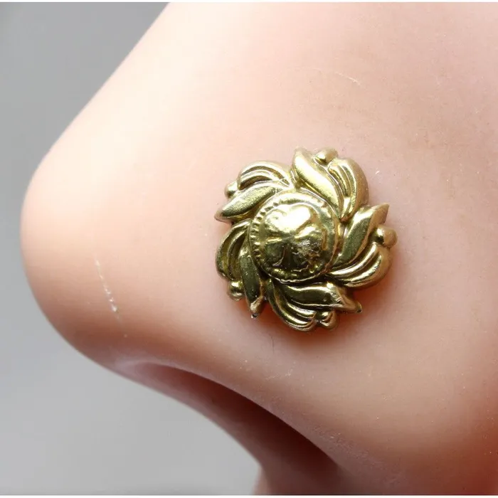 Karizma Jewels Rings Indian Nose Stud Antique gold finish nose ring corkscrew piercing ring l bend Karizma Jewels Rings Indian Nose Stud Antique gold finish nose ring corkscrew piercing ring l bend