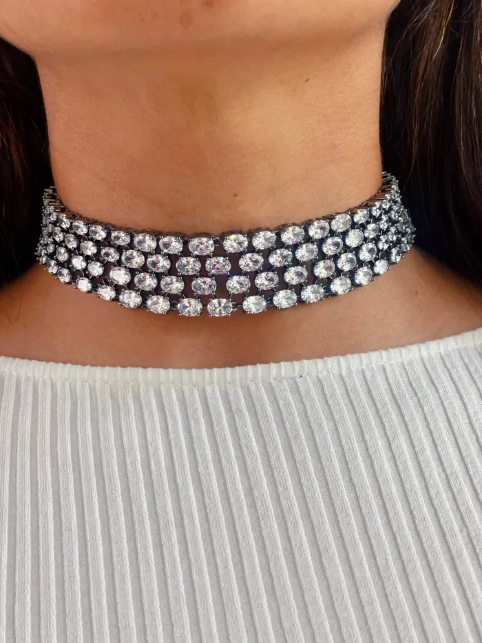 Kate Gunmetal Finish Diamonte Set Includes Earrings Choker PRERTO ECOMMERCE PRIVATE LIMITED Earrings