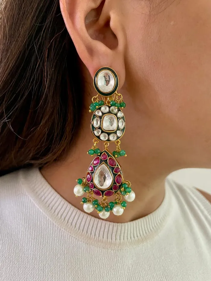 Maharani Afia Double Layer Emerald Ruby Polki Kundan Pearl Drop Necklace Set Aiza Polki Ruby Pearl Emerald Drops Necklace Set 2Necklace 2Earrings 1Mang Tika PRERTO ECOMMERCE PRIVATE LIMITED Necklaces