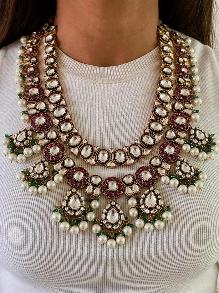 Maharani Afia Double Layer Emerald Ruby Polki Kundan Pearl Drop Necklace Set Aiza Polki Ruby Pearl Emerald Drops Necklace Set 2Necklace 2Earrings 1Mang Tika PRERTO ECOMMERCE PRIVATE LIMITED Necklaces