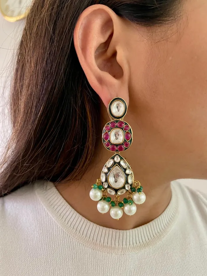 Maharani Afia Double Layer Emerald Ruby Polki Kundan Pearl Drop Necklace Set Aiza Polki Ruby Pearl Emerald Drops Necklace Set 2Necklace 2Earrings 1Mang Tika PRERTO ECOMMERCE PRIVATE LIMITED Necklaces