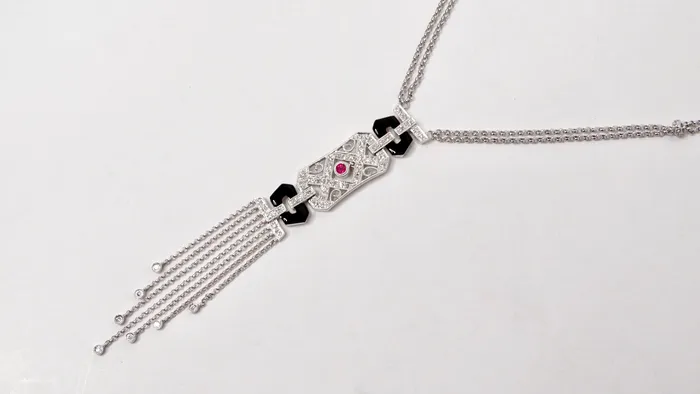 Necklaces 14k White Gold Diamond Ruby Onyx Double Drop Chain Pendant Necklace Vintage by Misty