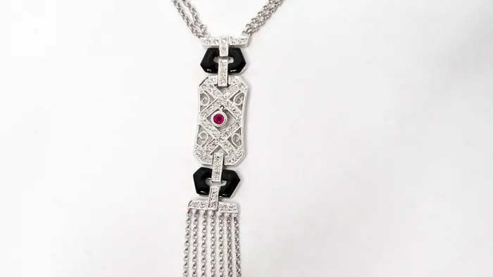 Necklaces 14k White Gold Diamond Ruby Onyx Double Drop Chain Pendant Necklace Vintage by Misty