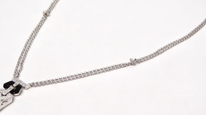 Necklaces 14k White Gold Diamond Ruby Onyx Double Drop Chain Pendant Necklace Vintage by Misty