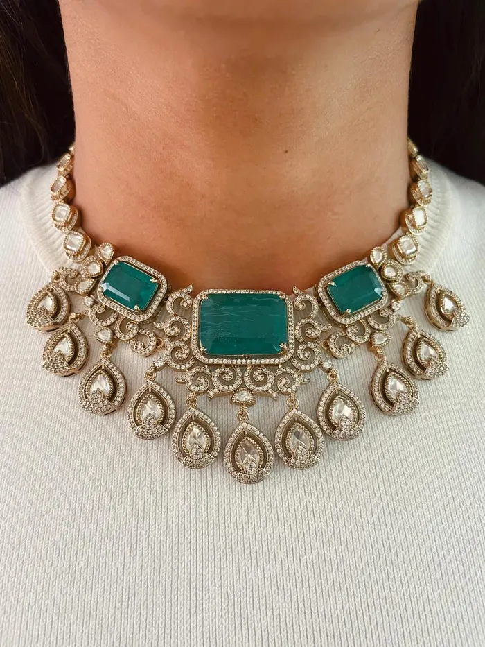 Necklaces Ayna Emerald Kundan Drops Necklace Set Necklace Earrings PRERTO ECOMMERCE PRIVATE LIMITED