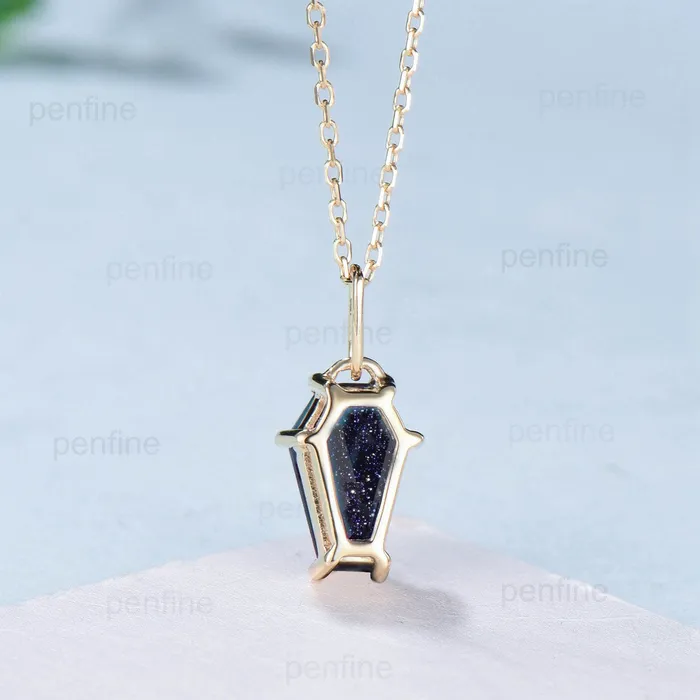 Necklaces PENFINE Dainty Coffin blue sandstone necklace solid 14k 18k rose gold vintage unique Personalized minimalist blue goldstone pendant anniversary gift Necklaces PENFINE Dainty Coffin blue sandstone necklace solid 14k 18k rose gold vintage unique Personalized minimalist blue goldstone pendant anniversary gift