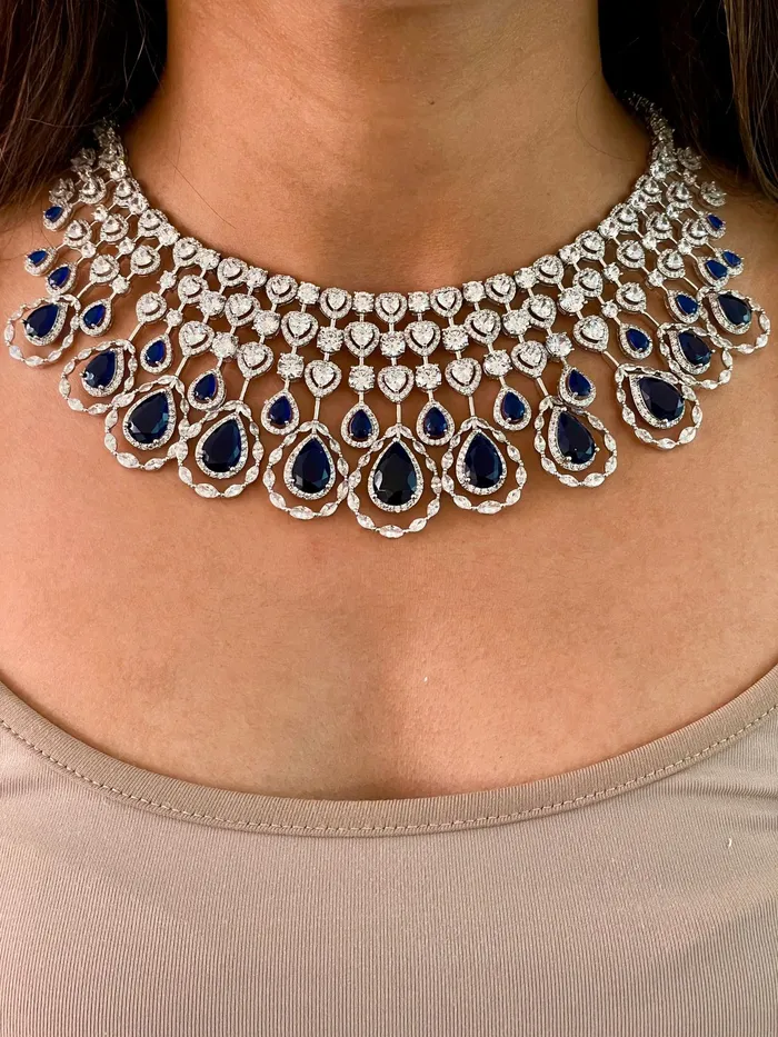 Necklaces PRERTO ECOMMERCE PRIVATE LIMITED 5 Layer Dimonte Sapphire Tear Drop Heart Necklace Set Necklace Earrings Necklaces PRERTO ECOMMERCE PRIVATE LIMITED 5 Layer Dimonte Sapphire Tear Drop Heart Necklace Set Necklace Earrings