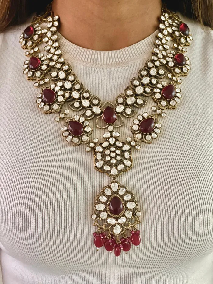 Necklaces PRERTO ECOMMERCE PRIVATE LIMITED Rohi Ruby Kundan Polki Statement Necklace Set Necklace Earrings Necklaces PRERTO ECOMMERCE PRIVATE LIMITED Rohi Ruby Kundan Polki Statement Necklace Set Necklace Earrings