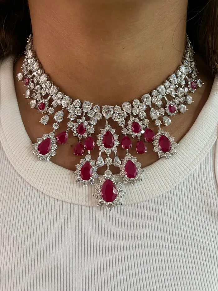 Necklaces PRERTO ECOMMERCE PRIVATE LIMITED Rose Diamond Ruby Drops Necklace Set Necklaces PRERTO ECOMMERCE PRIVATE LIMITED Rose Diamond Ruby Drops Necklace Set