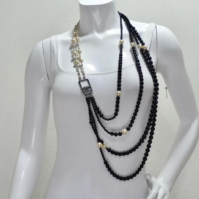 Necklaces Vintage by Misty Chanel 2010 Black and Ivory Resin Pearl Multi Strand CC Logo Necklace