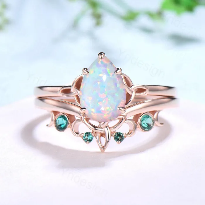PENFINE Rings Celtic Knot White Opal Bridal Ring Set 6x9mm Pear Shaped Fire Opal Engagement Ring Set Emerald Stacking Matching Band Anniversary Gift PENFINE Rings Celtic Knot White Opal Bridal Ring Set 6x9mm Pear Shaped Fire Opal Engagement Ring Set Emerald Stacking Matching Band Anniversary Gift