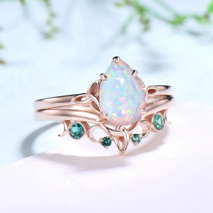 PENFINE Rings Celtic Knot White Opal Bridal Ring Set 6x9mm Pear Shaped Fire Opal Engagement Ring Set Emerald Stacking Matching Band Anniversary Gift PENFINE Rings Celtic Knot White Opal Bridal Ring Set 6x9mm Pear Shaped Fire Opal Engagement Ring Set Emerald Stacking Matching Band Anniversary Gift