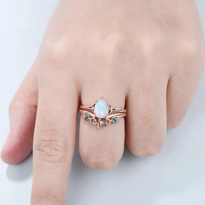 PENFINE Rings Celtic Knot White Opal Bridal Ring Set 6x9mm Pear Shaped Fire Opal Engagement Ring Set Emerald Stacking Matching Band Anniversary Gift PENFINE Rings Celtic Knot White Opal Bridal Ring Set 6x9mm Pear Shaped Fire Opal Engagement Ring Set Emerald Stacking Matching Band Anniversary Gift