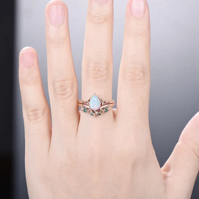 PENFINE Rings Celtic Knot White Opal Bridal Ring Set 6x9mm Pear Shaped Fire Opal Engagement Ring Set Emerald Stacking Matching Band Anniversary Gift PENFINE Rings Celtic Knot White Opal Bridal Ring Set 6x9mm Pear Shaped Fire Opal Engagement Ring Set Emerald Stacking Matching Band Anniversary Gift