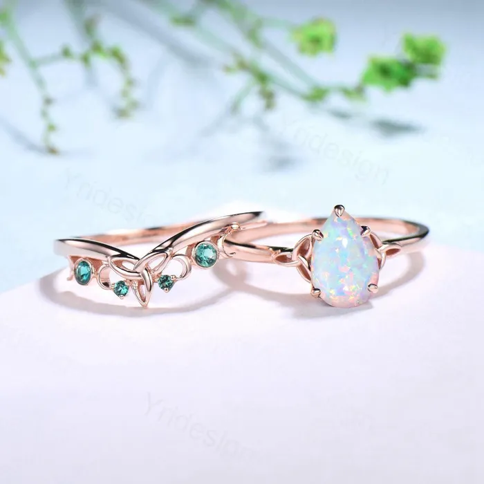 PENFINE Rings Celtic Knot White Opal Bridal Ring Set 6x9mm Pear Shaped Fire Opal Engagement Ring Set Emerald Stacking Matching Band Anniversary Gift PENFINE Rings Celtic Knot White Opal Bridal Ring Set 6x9mm Pear Shaped Fire Opal Engagement Ring Set Emerald Stacking Matching Band Anniversary Gift