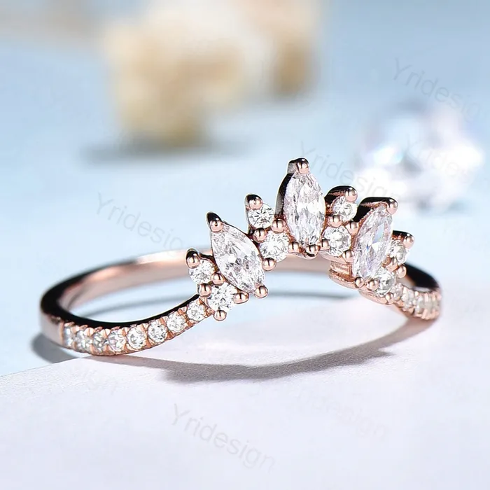 PENFINE Rings Moissanite Wedding Band Women Rose Gold Vintage Marquise Diamond Wedding Ring Unique Curved V Matching Band Stacking Bridal Promise gift PENFINE Rings Moissanite Wedding Band Women Rose Gold Vintage Marquise Diamond Wedding Ring Unique Curved V Matching Band Stacking Bridal Promise gift
