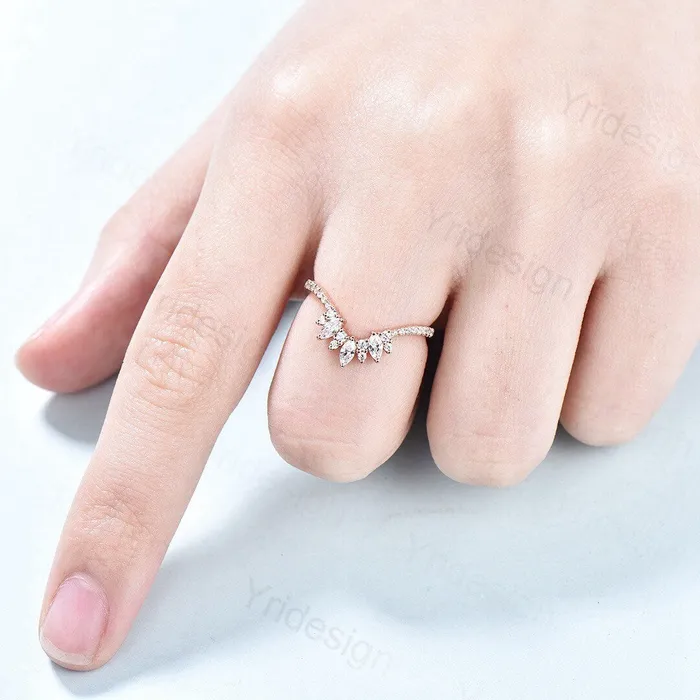 PENFINE Rings Moissanite Wedding Band Women Rose Gold Vintage Marquise Diamond Wedding Ring Unique Curved V Matching Band Stacking Bridal Promise gift PENFINE Rings Moissanite Wedding Band Women Rose Gold Vintage Marquise Diamond Wedding Ring Unique Curved V Matching Band Stacking Bridal Promise gift