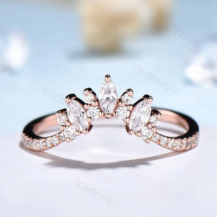 PENFINE Rings Moissanite Wedding Band Women Rose Gold Vintage Marquise Diamond Wedding Ring Unique Curved V Matching Band Stacking Bridal Promise gift PENFINE Rings Moissanite Wedding Band Women Rose Gold Vintage Marquise Diamond Wedding Ring Unique Curved V Matching Band Stacking Bridal Promise gift