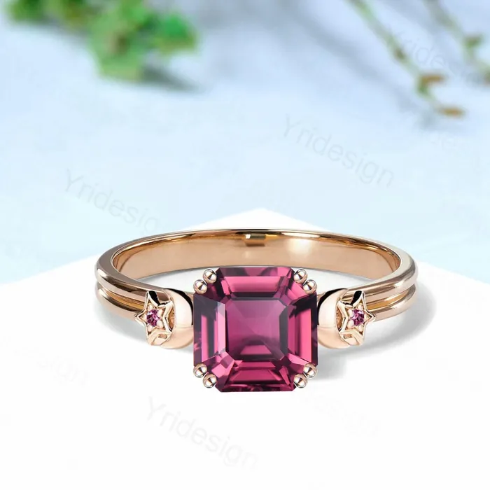 PENFINE Rings Unique Moon Star Asscher Pink Tourmaline Ring Vintage Split Shank Pink Stone Engagement Ring Art Deco Wedding Ring 8 Prongs Anniversary Gift PENFINE Rings Unique Moon Star Asscher Pink Tourmaline Ring Vintage Split Shank Pink Stone Engagement Ring Art Deco Wedding Ring 8 Prongs Anniversary Gift