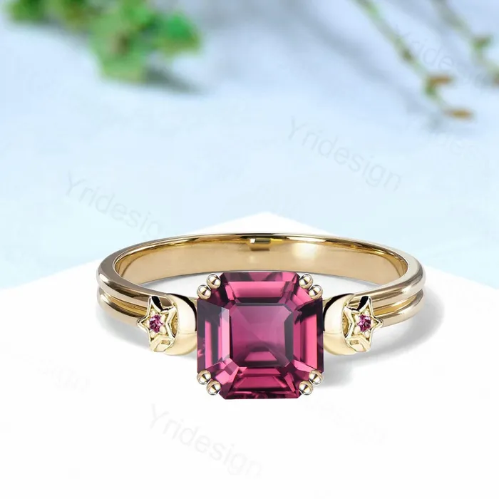 PENFINE Rings Unique Moon Star Asscher Pink Tourmaline Ring Vintage Split Shank Pink Stone Engagement Ring Art Deco Wedding Ring 8 Prongs Anniversary Gift PENFINE Rings Unique Moon Star Asscher Pink Tourmaline Ring Vintage Split Shank Pink Stone Engagement Ring Art Deco Wedding Ring 8 Prongs Anniversary Gift