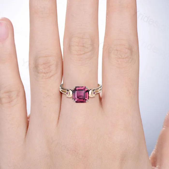 PENFINE Rings Unique Moon Star Asscher Pink Tourmaline Ring Vintage Split Shank Pink Stone Engagement Ring Art Deco Wedding Ring 8 Prongs Anniversary Gift PENFINE Rings Unique Moon Star Asscher Pink Tourmaline Ring Vintage Split Shank Pink Stone Engagement Ring Art Deco Wedding Ring 8 Prongs Anniversary Gift