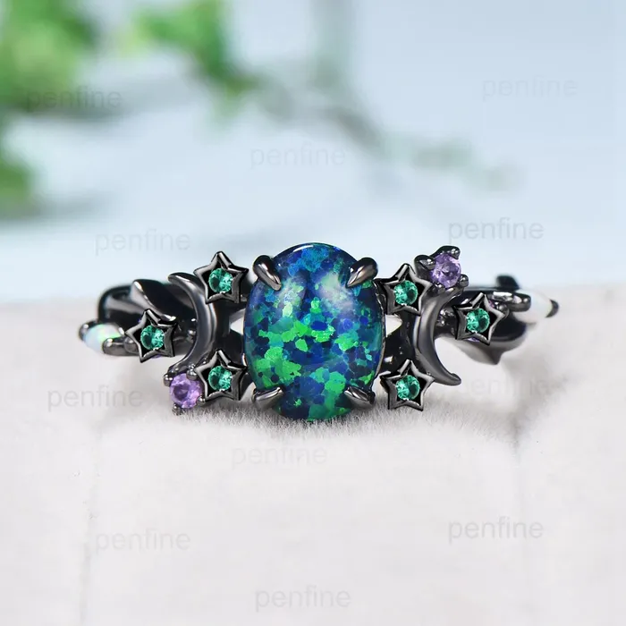 PENFINE Rings Unique Moon Star Black Gold Opal Engagement Ring Magic Fire Opal Galaxy Emerald Wedding Ring Cluster Amethyst Anniversary Ring Gift Women PENFINE Rings Unique Moon Star Black Gold Opal Engagement Ring Magic Fire Opal Galaxy Emerald Wedding Ring Cluster Amethyst Anniversary Ring Gift Women