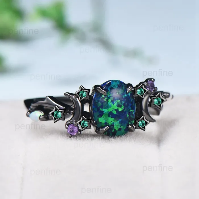 PENFINE Rings Unique Moon Star Black Gold Opal Engagement Ring Magic Fire Opal Galaxy Emerald Wedding Ring Cluster Amethyst Anniversary Ring Gift Women PENFINE Rings Unique Moon Star Black Gold Opal Engagement Ring Magic Fire Opal Galaxy Emerald Wedding Ring Cluster Amethyst Anniversary Ring Gift Women