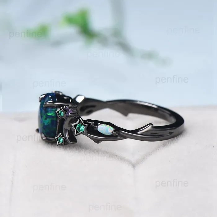 PENFINE Rings Unique Moon Star Black Gold Opal Engagement Ring Magic Fire Opal Galaxy Emerald Wedding Ring Cluster Amethyst Anniversary Ring Gift Women PENFINE Rings Unique Moon Star Black Gold Opal Engagement Ring Magic Fire Opal Galaxy Emerald Wedding Ring Cluster Amethyst Anniversary Ring Gift Women