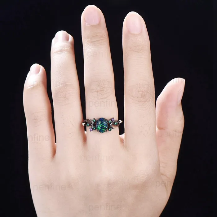 PENFINE Rings Unique Moon Star Black Gold Opal Engagement Ring Magic Fire Opal Galaxy Emerald Wedding Ring Cluster Amethyst Anniversary Ring Gift Women PENFINE Rings Unique Moon Star Black Gold Opal Engagement Ring Magic Fire Opal Galaxy Emerald Wedding Ring Cluster Amethyst Anniversary Ring Gift Women