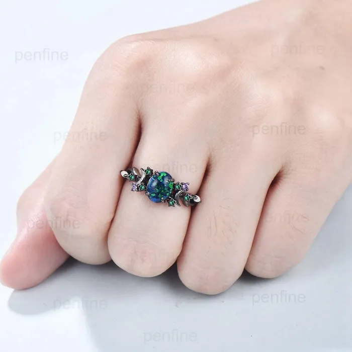 PENFINE Rings Unique Moon Star Black Gold Opal Engagement Ring Magic Fire Opal Galaxy Emerald Wedding Ring Cluster Amethyst Anniversary Ring Gift Women PENFINE Rings Unique Moon Star Black Gold Opal Engagement Ring Magic Fire Opal Galaxy Emerald Wedding Ring Cluster Amethyst Anniversary Ring Gift Women
