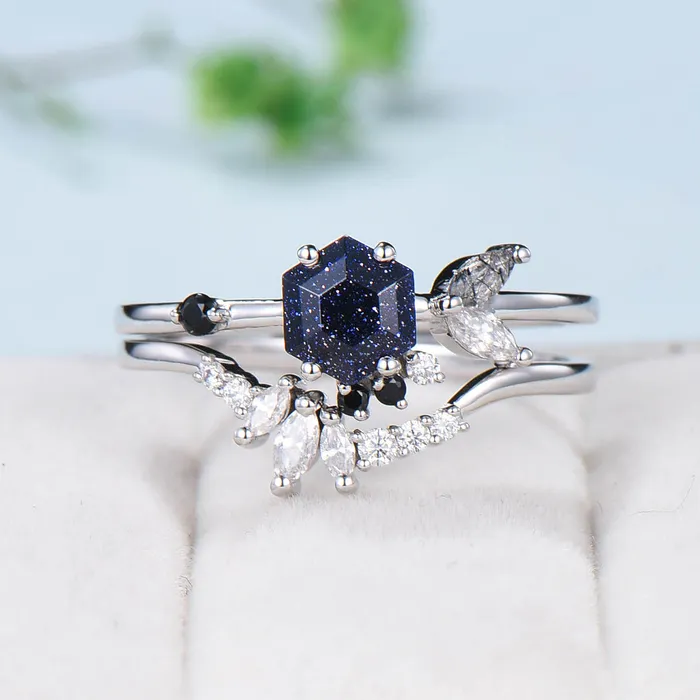 PENFINE Rings Vintage Blue Sandstone Engagement Ring Set Unique Galaxy Wedding Ring Set Rose Gold Cluster Black Onyx Bridal Set Women Anniversary Gift PENFINE Rings Vintage Blue Sandstone Engagement Ring Set Unique Galaxy Wedding Ring Set Rose Gold Cluster Black Onyx Bridal Set Women Anniversary Gift