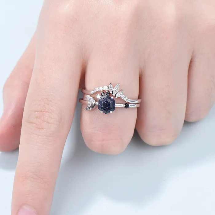 PENFINE Rings Vintage Blue Sandstone Engagement Ring Set Unique Galaxy Wedding Ring Set Rose Gold Cluster Black Onyx Bridal Set Women Anniversary Gift PENFINE Rings Vintage Blue Sandstone Engagement Ring Set Unique Galaxy Wedding Ring Set Rose Gold Cluster Black Onyx Bridal Set Women Anniversary Gift