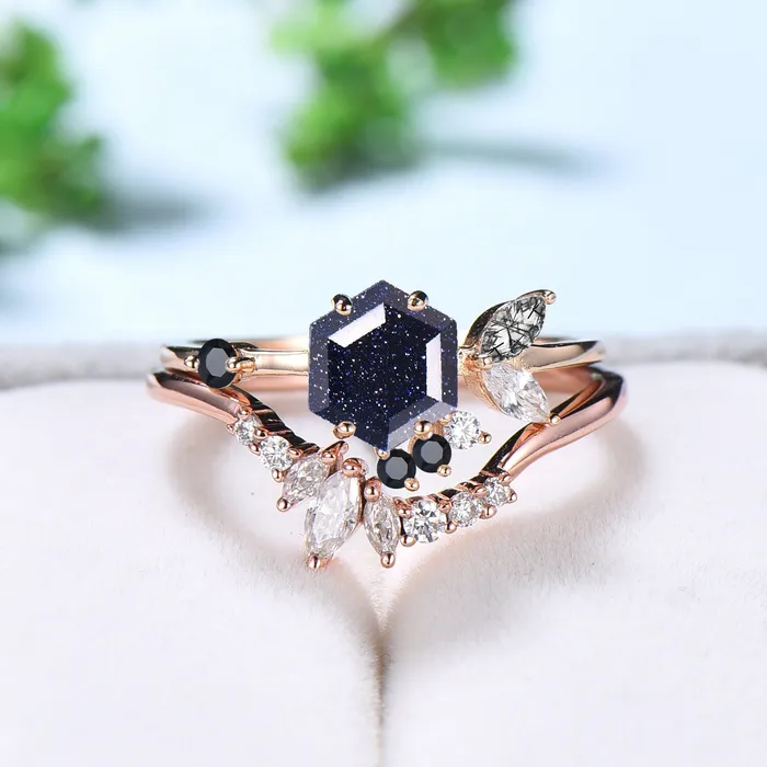 PENFINE Rings Vintage Blue Sandstone Engagement Ring Set Unique Galaxy Wedding Ring Set Rose Gold Cluster Black Onyx Bridal Set Women Anniversary Gift PENFINE Rings Vintage Blue Sandstone Engagement Ring Set Unique Galaxy Wedding Ring Set Rose Gold Cluster Black Onyx Bridal Set Women Anniversary Gift