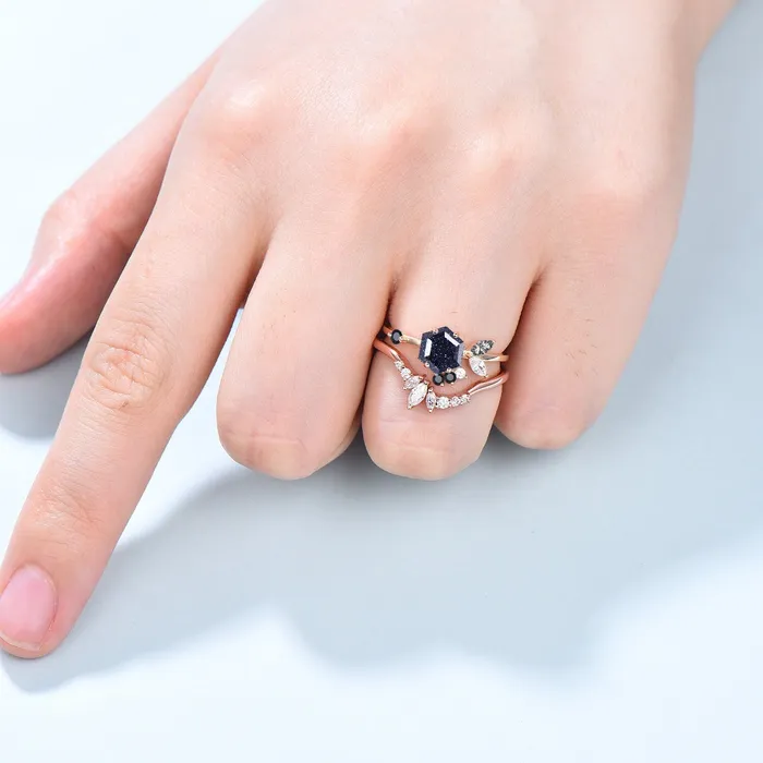PENFINE Rings Vintage Blue Sandstone Engagement Ring Set Unique Galaxy Wedding Ring Set Rose Gold Cluster Black Onyx Bridal Set Women Anniversary Gift PENFINE Rings Vintage Blue Sandstone Engagement Ring Set Unique Galaxy Wedding Ring Set Rose Gold Cluster Black Onyx Bridal Set Women Anniversary Gift
