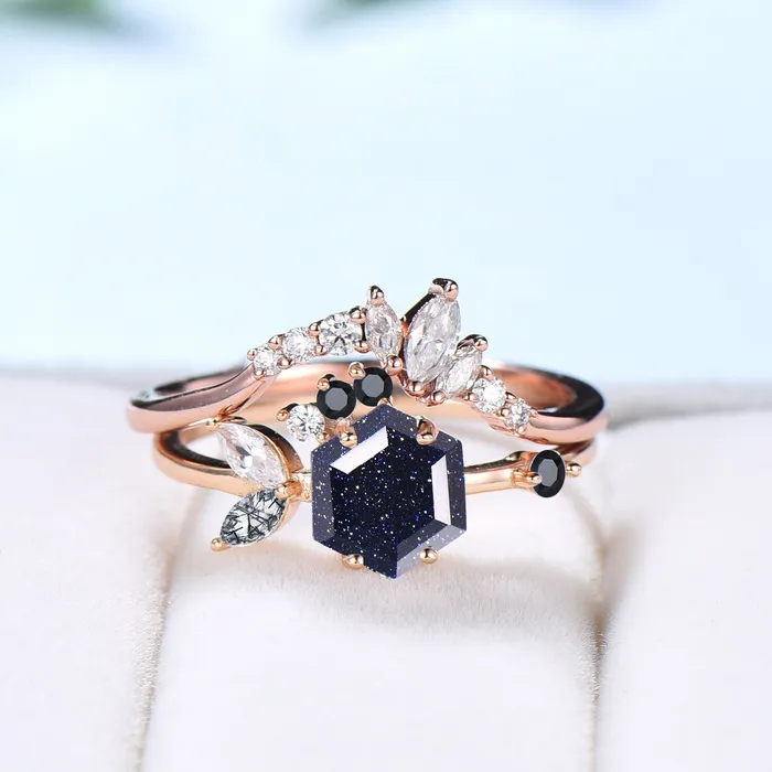PENFINE Rings Vintage Blue Sandstone Engagement Ring Set Unique Galaxy Wedding Ring Set Rose Gold Cluster Black Onyx Bridal Set Women Anniversary Gift PENFINE Rings Vintage Blue Sandstone Engagement Ring Set Unique Galaxy Wedding Ring Set Rose Gold Cluster Black Onyx Bridal Set Women Anniversary Gift